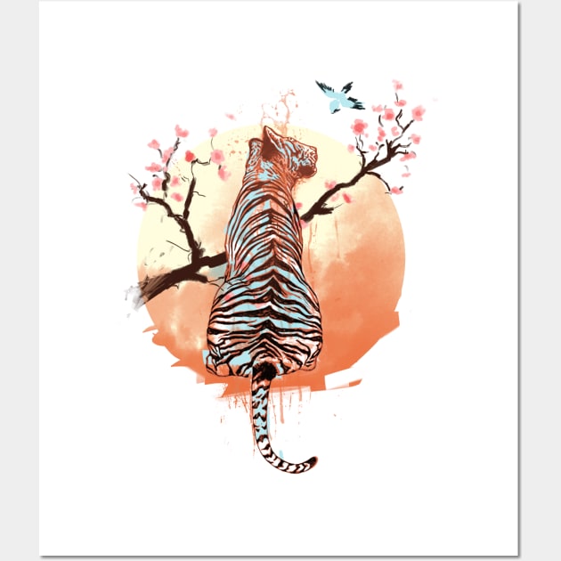 Tiger at the Sakura's Tree Wall Art by IlonaHibernis